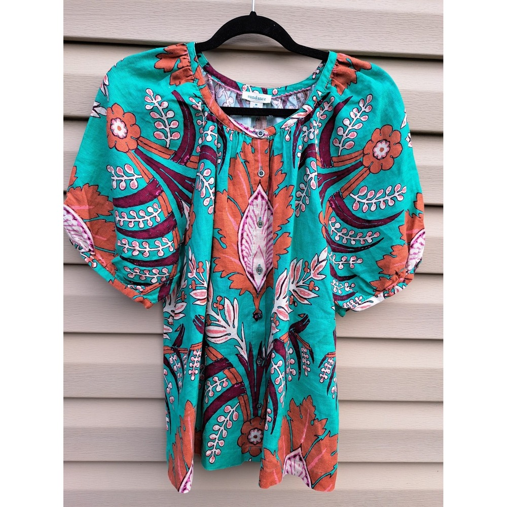 Sundance Women's Linen Floral Button Front Puff Reglan Sleeve Blouse Top Shirt M